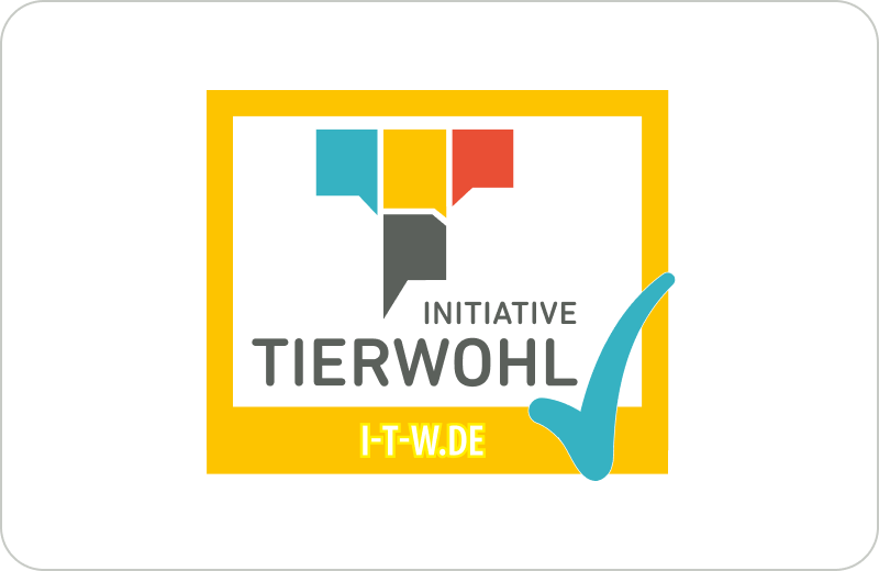 Initiative Tierwohl Logo mit gelbem Rahmen, bunten Symbolen und blauer Häkchen-Grafik