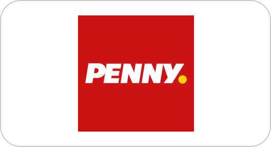 PENNY Logo: Weißer Schriftzug 'PENNY' in Großbuchstaben auf rotem Hintergrund mit einem kleinen gelben Punkt am Ende