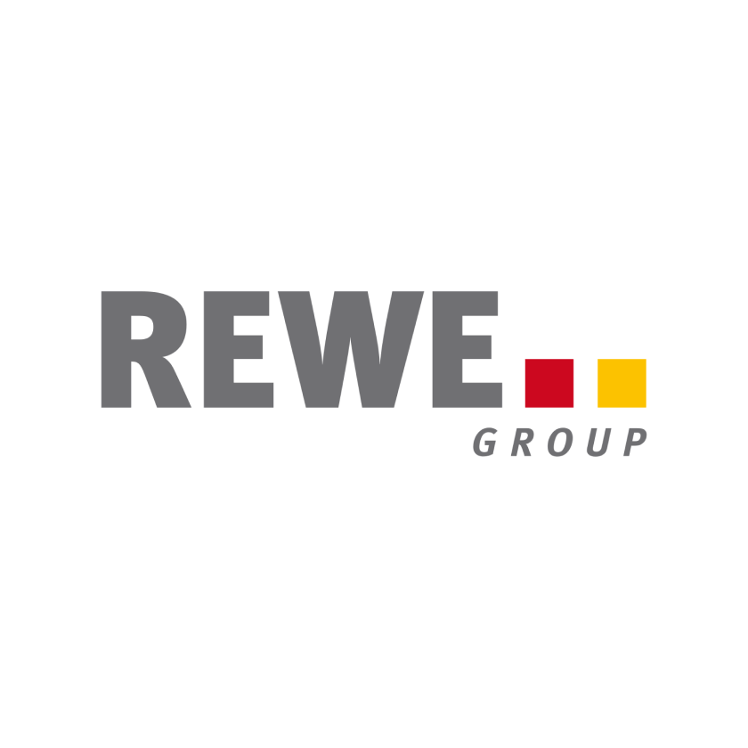 REWE Group Logo mit grauem Schriftzug und roten und gelben Quadraten