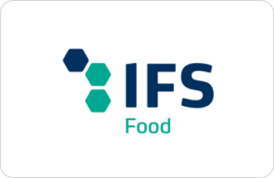 IFS Food Logo mit blauen und grünen sechseckigen Symbolen auf weißem Hintergrund