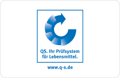 QS Prüfzeichen für Lebensmittel Logo mit blauem Symbol und Website-Link