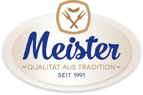 Meister Logo mit Slogan 'Qualität aus Tradition seit 1991', goldene Gabel und Messer Symbol